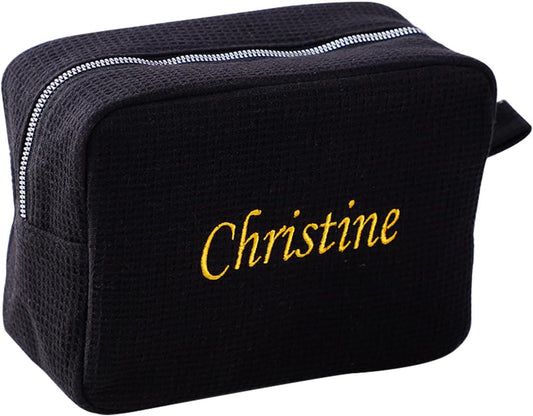 GOPHIE Personalized Embroidered Makeup Bag,Custom Waffle Fabric Cosmetic Pouch for Women, Travel Makeup Pouch (1, Black)