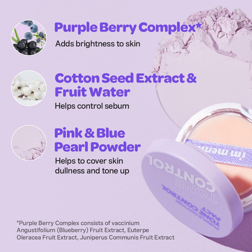 I'M MEME Compact - Purple Cotton Tone Control Pact | Korean Pressed Setting Powder With Berry Complex, Makeup Powder Foundation, Translucent Compact, Finishing Powder, Oil Free Face Powder, 0.35 Oz
