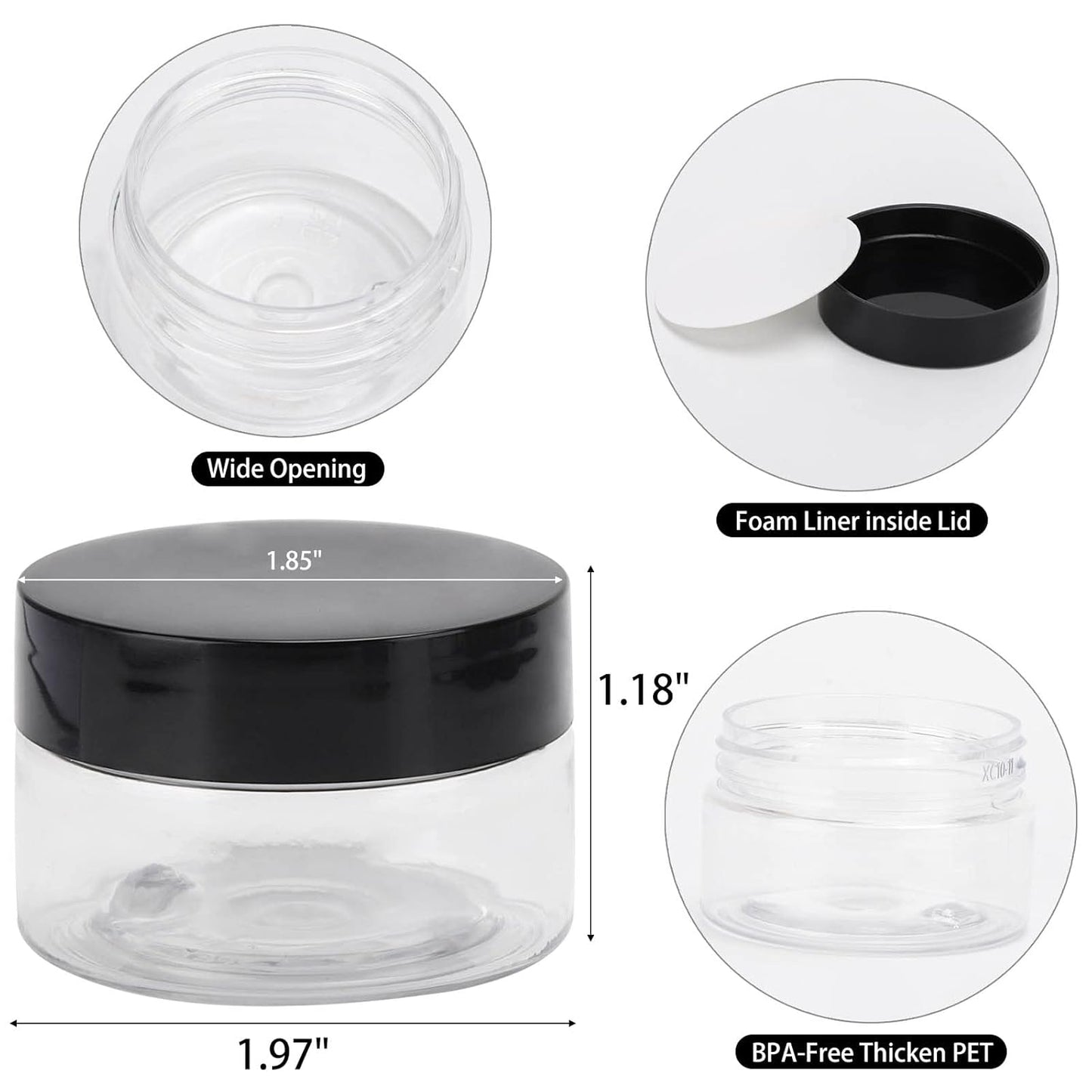 50 Count 1oz Cosmetic Containers with Lids BPA Free Plastic Sample Containers Empty Makeup Containers Refillable Cosmetic Jars Leakproof Travel Jars - Black