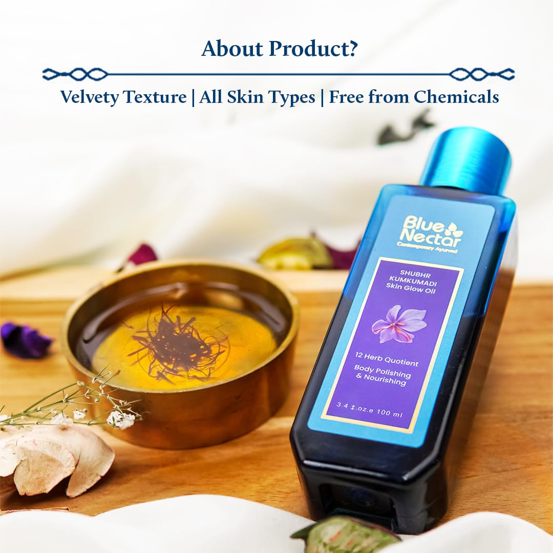 Blue Nectar Kumkumadi Body Oil for Glowing Skin | Moisturizing Oil for Dry Skin with Relaxing Aroma | Plant Based Body Oil for Women & Men (12 Herbs, 3.4 fl oz)