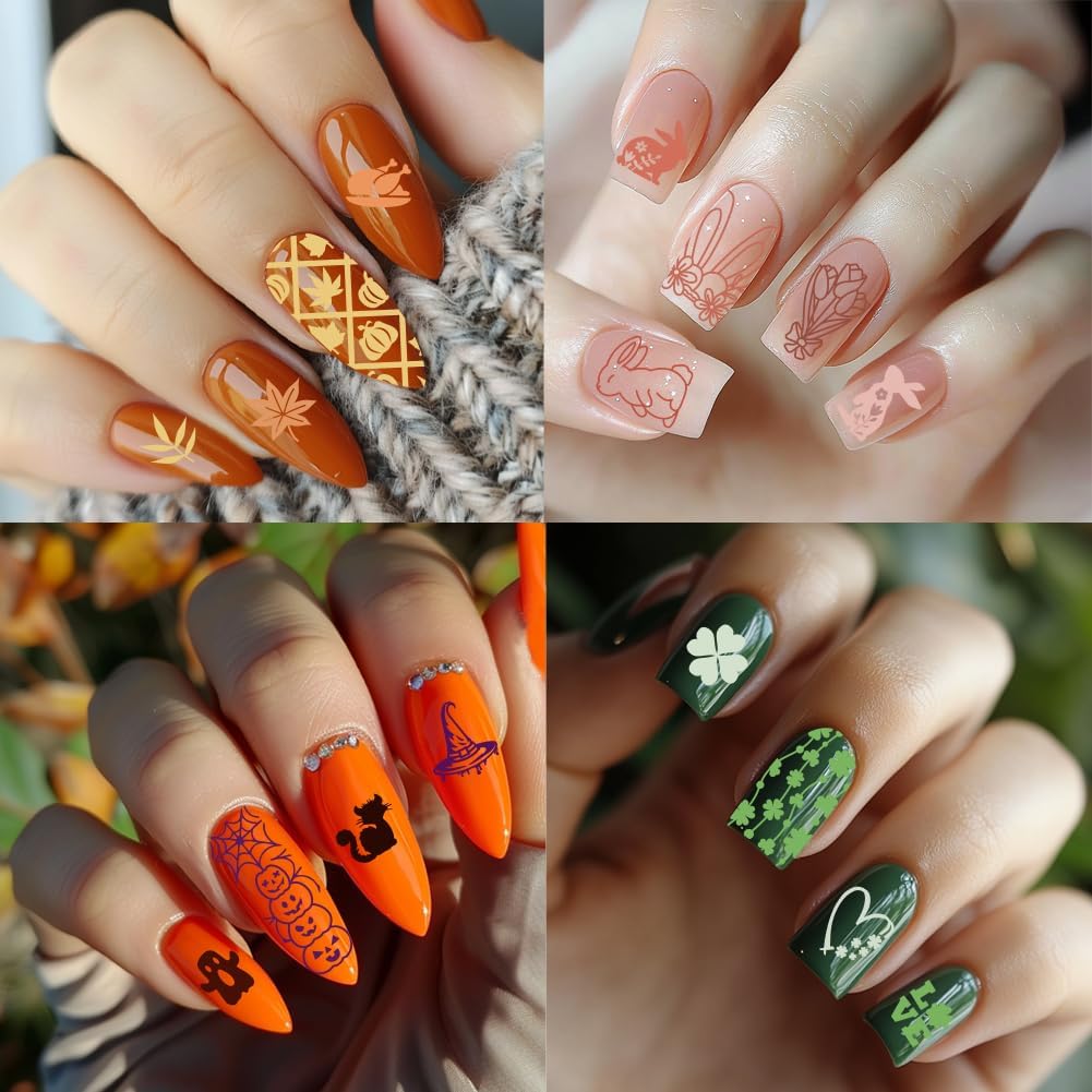 3Pcs Holiday Nail Stamping Plate Set Seasonal Halloween Christmas Nail Stamp Templates Valentine St. Patrick's Day Metal Reusable Tools with Stamper Scraper for Manicure Printing