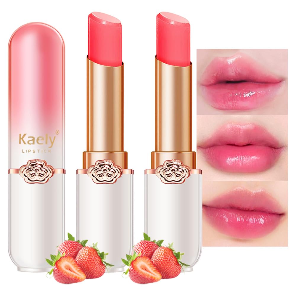 Kaely 2Pcs Strawberry Hydrating Lipstick Tinted Lip Balm, Color Changing PH Lipstick Makeup, Korean Magic Lip Stain Long Lasting Waterproof, labiales magicos 24 horas originales