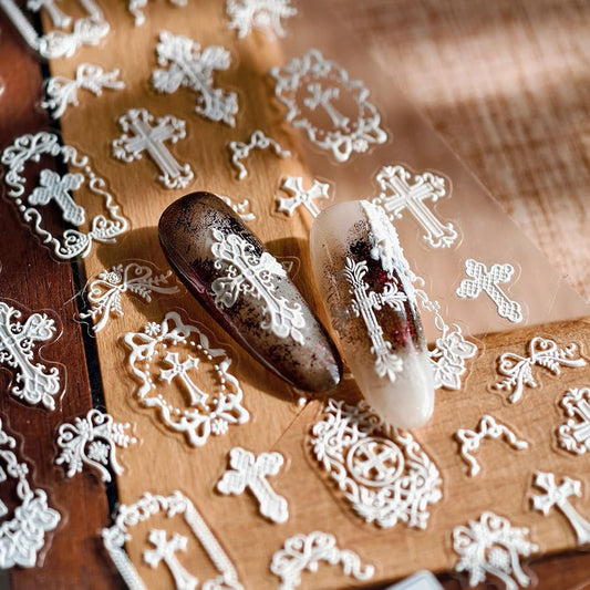White Lace Cross Nail Art Stickers, 5D Embossed Manicure Decals for Nail Art Design Self-Adhesive Nails Supplies Accessories for Women