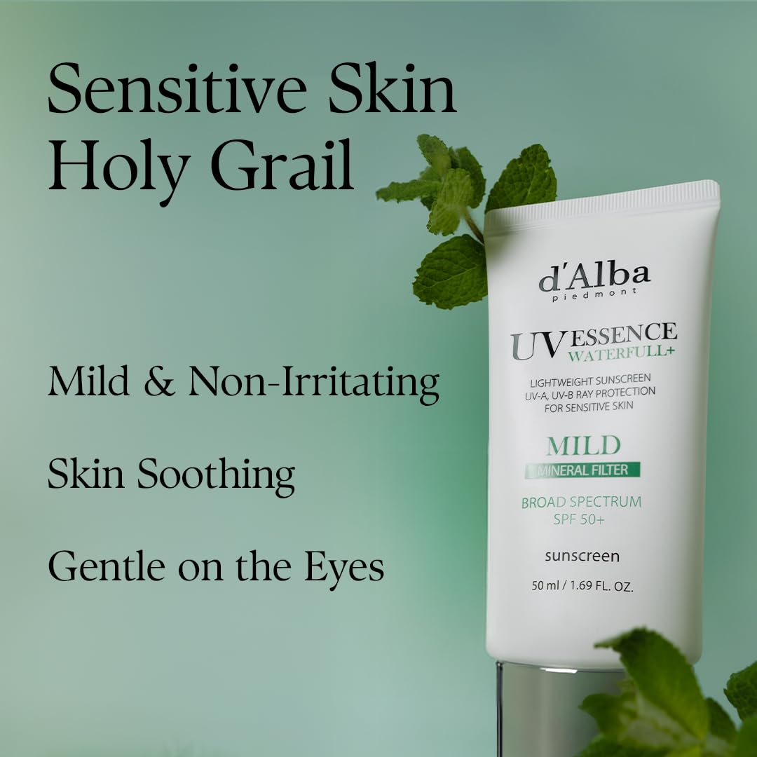 d'alba Piedmont Italian White Truffle Waterfull Mild Sunscreen, Vegan, Mineral Sunscreen, BROAD SPECTRUM SPF 50+ Non-Nano Suitable for Sensitive Skin, Korean Skin Care (1.69 fl. oz)