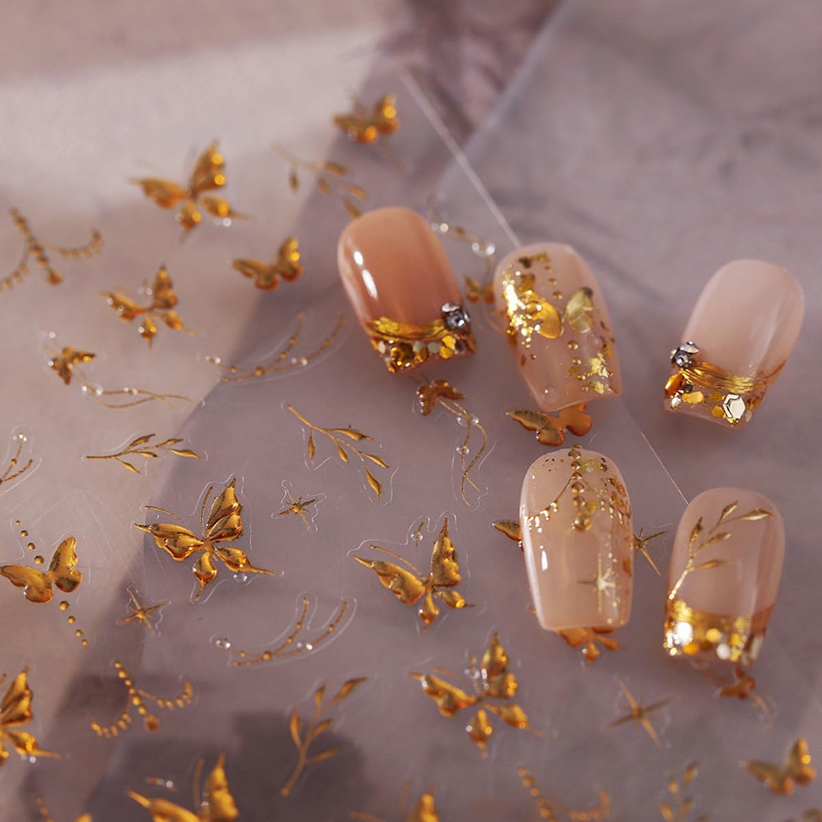 5D Embossed Nail Stickers for Nails Art Butterfly Nail Art Stickers Gold Nails Decals Self Adhesive with Leaf Design Nails Art Decals for Women Manicure Supplies Decorations Accessories