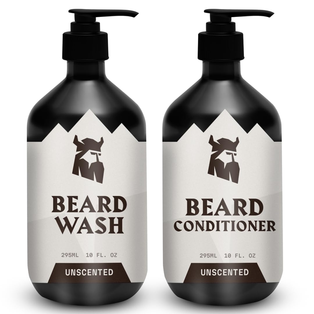 Striking Viking Unscented Beard Wash & Conditioner - 10 Fl Oz, Pack of 2 - Deep Cleansing Oil Formula - Fragrance-Free Beard Wash - Soothing Jojoba Oil Softener