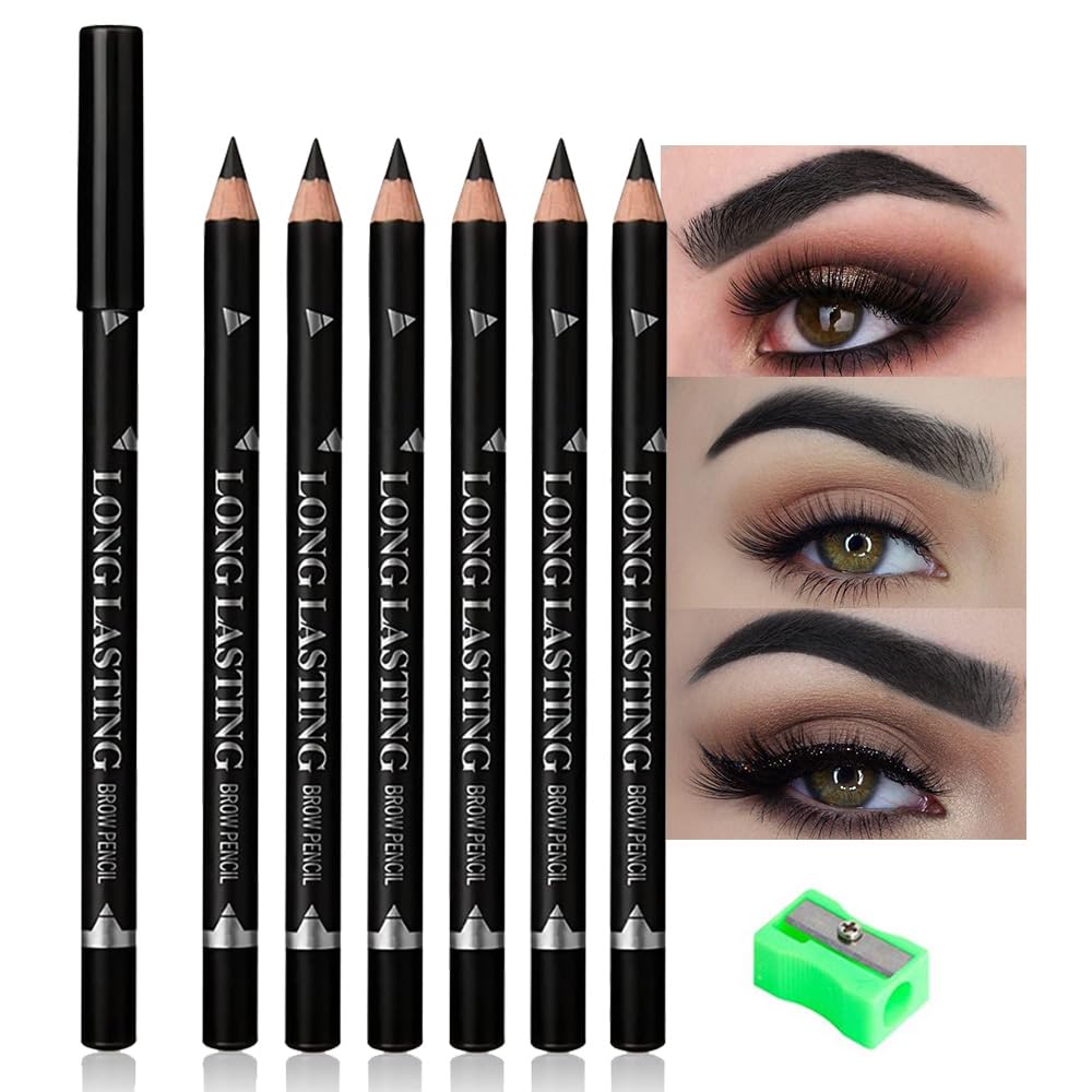 6Pcs Eyebrow Pencils for Women, Wooden Hard-Core Black Eyebrow and Eyeliner Pencil, Long Lasting Waterproof and Sweat-Proof, Beginner Makeup Brow Pencil, Create a Natural Eye Brow Makeup