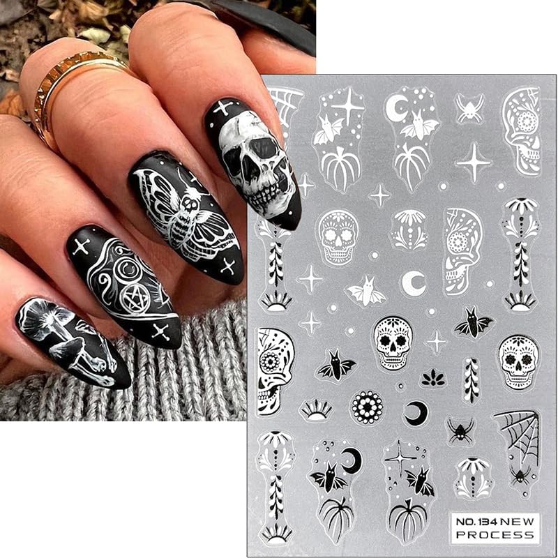 Halloween Nail Stickers Decals 3D Horror Spooky Devil Ghost 3D Self-Adhesive Nail Designs Gothic Ghost Pumpkin Skull Skeleton Halloween Nail Decals for Women Girls DIY Manicure Horror Nail Decoration