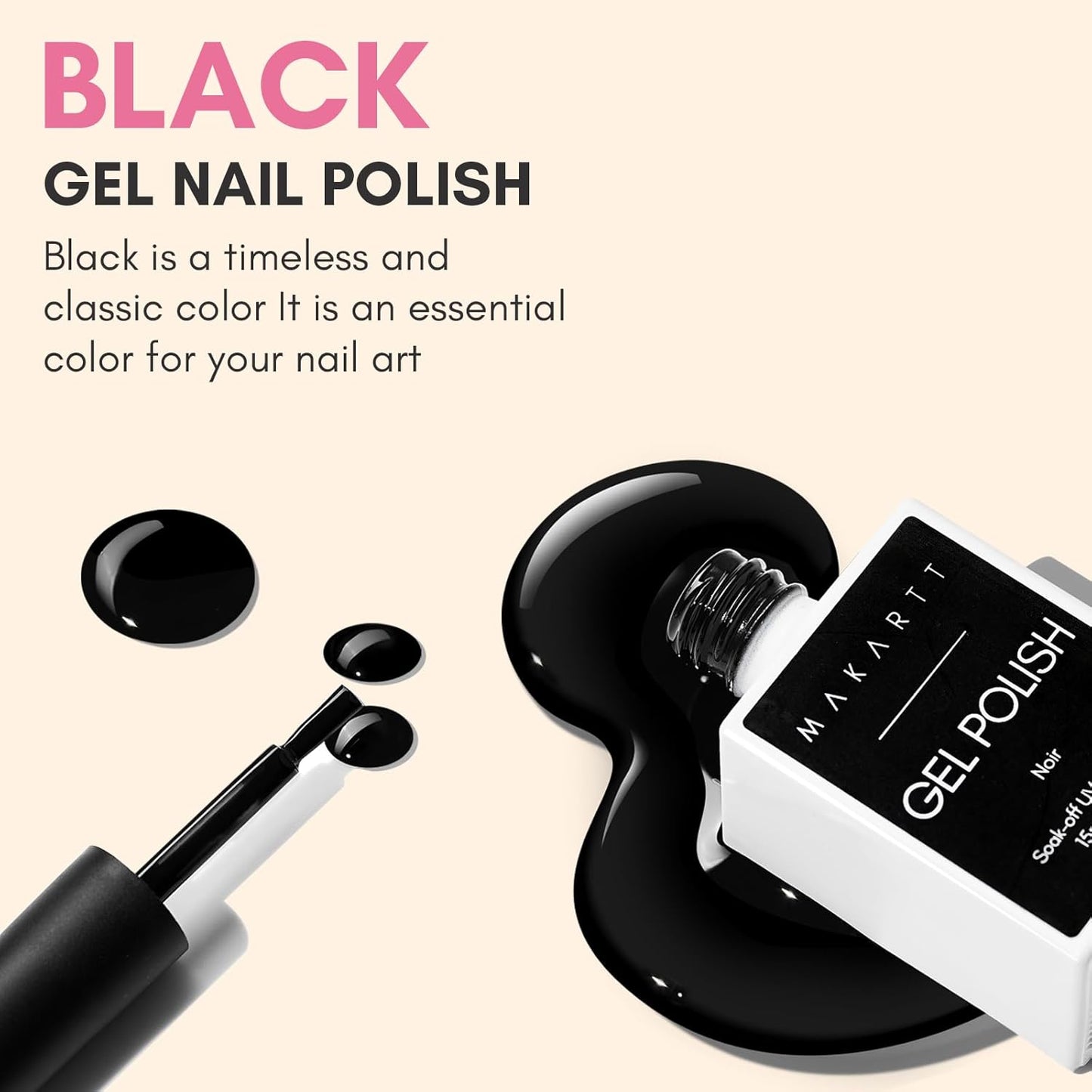 Makartt Black Gel Nail Polish 15ml, Noir Soak Off Gel for DIY Manicure & Nail Art Designs, UV/LED Light Cured, Long-Lasting Finish for Home & Salon Use