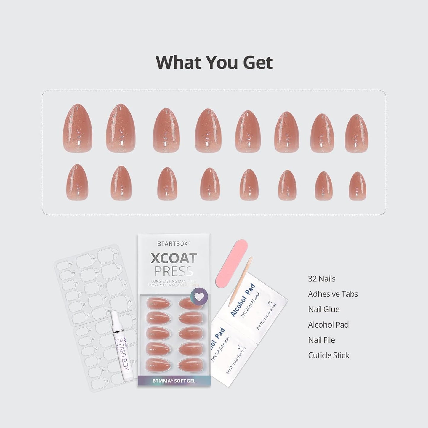 BTArtbox Press On Nails Short - Lamp-Curable Sparkly Almond Press On Nails with Glue for Women, Semi-Transparent Soft Gel Glue On Nails in 16 Sizes - 32 Stick On Nails Kit, Citrine Glow