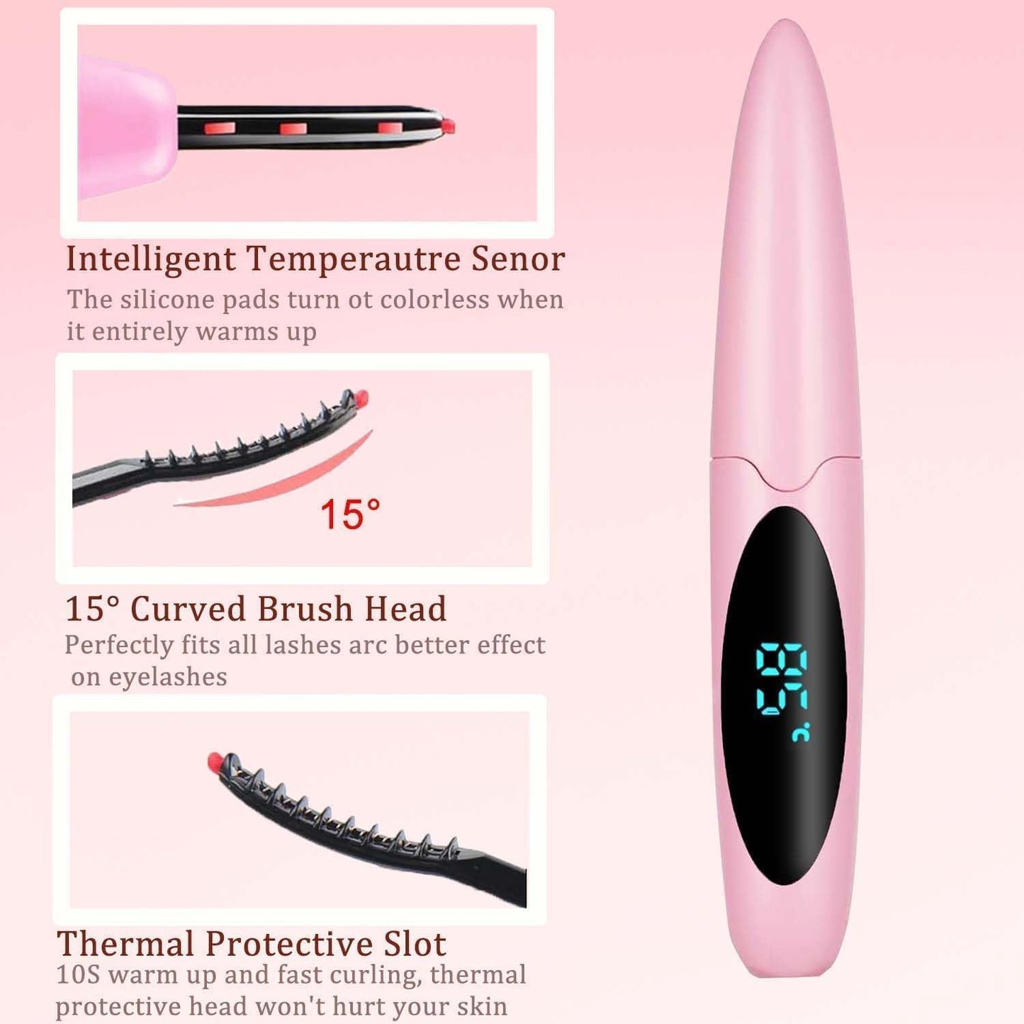 Heated Eyelash Curlers Electric Eyelash Curler with LED Display, 3 Temperature Modes Anti-Burn USB Rechargeable Natural Curling 24H Long Lasting for Women Makeup Tools Gifts PI714