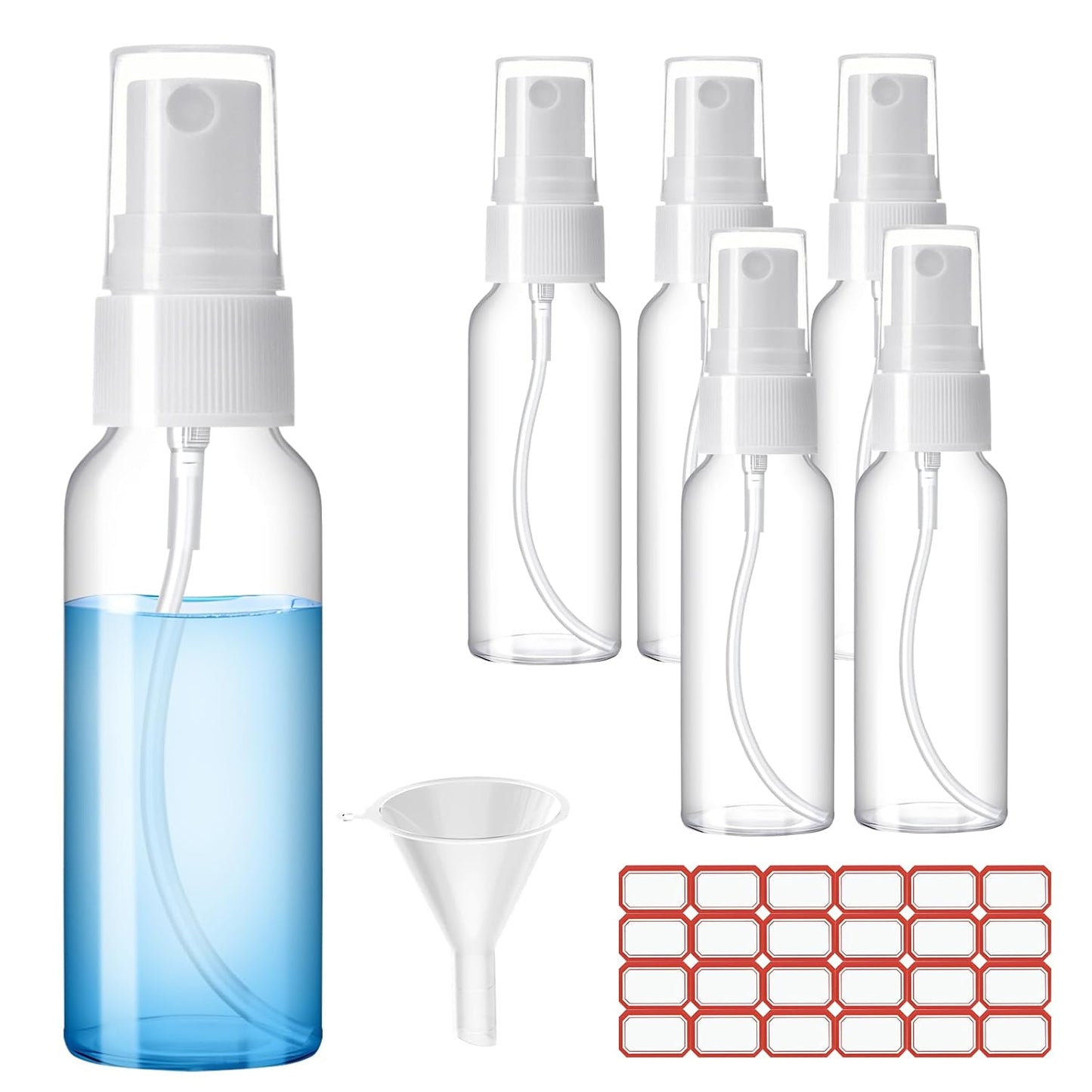 Spray Bottles, 1oz/30ml Clear Empty Fine Mist Plastic Mini Travel Bottle Set, Small Refillable Liquid Containers with 2pcs Funnels and 24pcs Labels (6 Pack)