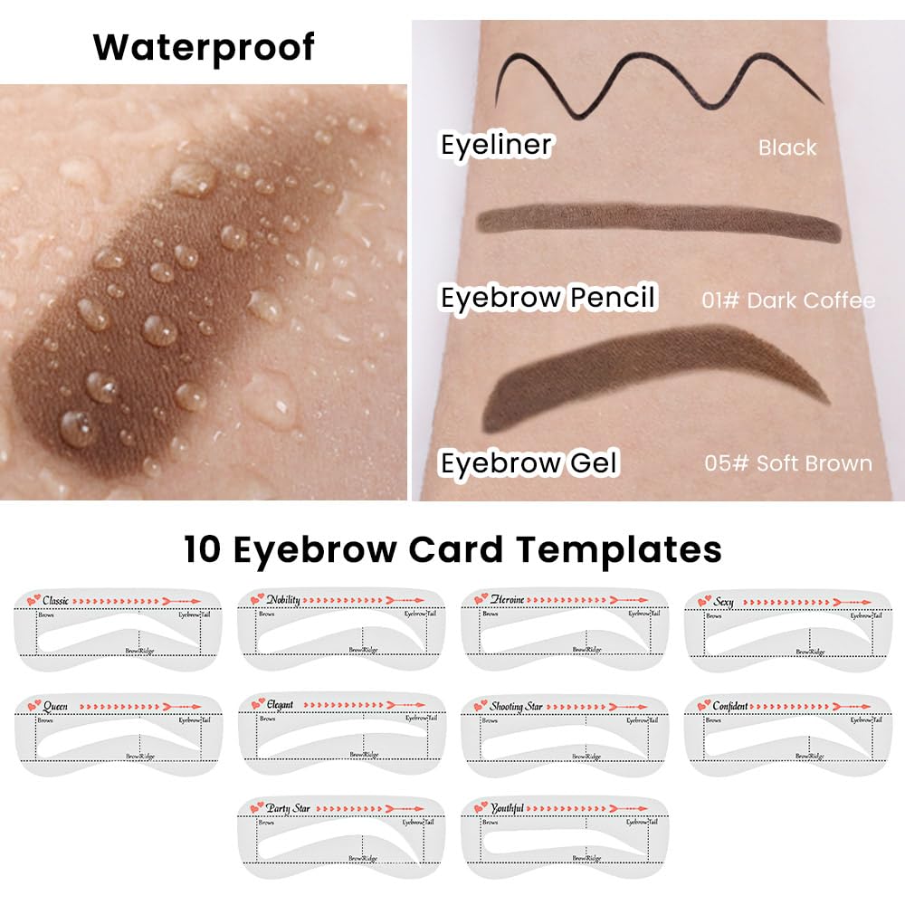 evpct Eyebrow Stencils Kit for Women Shaping, Eyebrow Shaper Makeup Kit, Eye Brow Stencil Shaper Tinting kits for Women, with Eyeliner, Eyebrows Pencil, Pomade, Brush and 10 Stencils, 05# SOFT BROWN