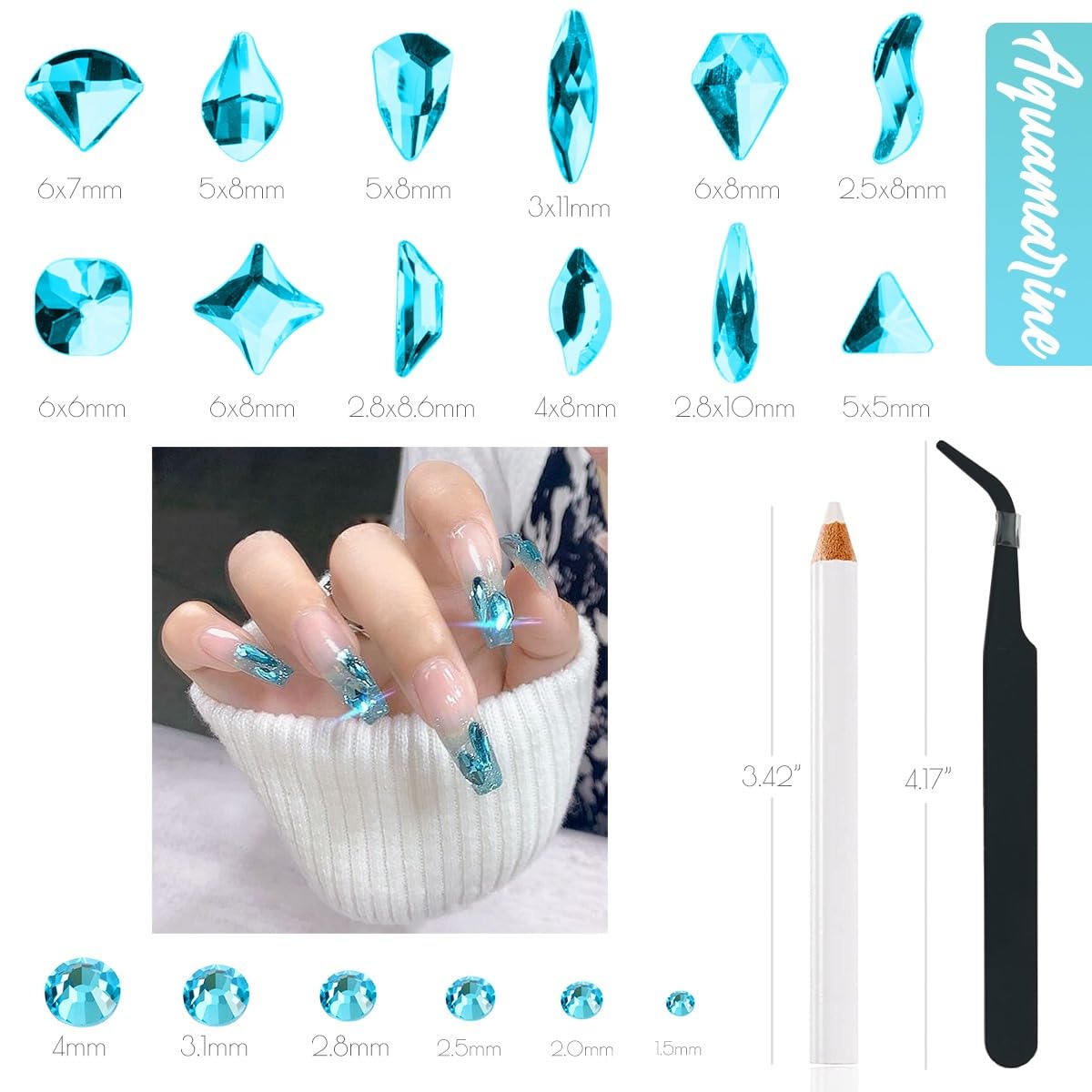 Aquamarine Rhinestones for Nails Lake Blue Nail Rhinestones Multi Shapes Flatback Water Blue Crystals Gems K9 Glass Stones Diamonds jewels Nail Art Supplies Nail Charms for Nails Faces Makeup