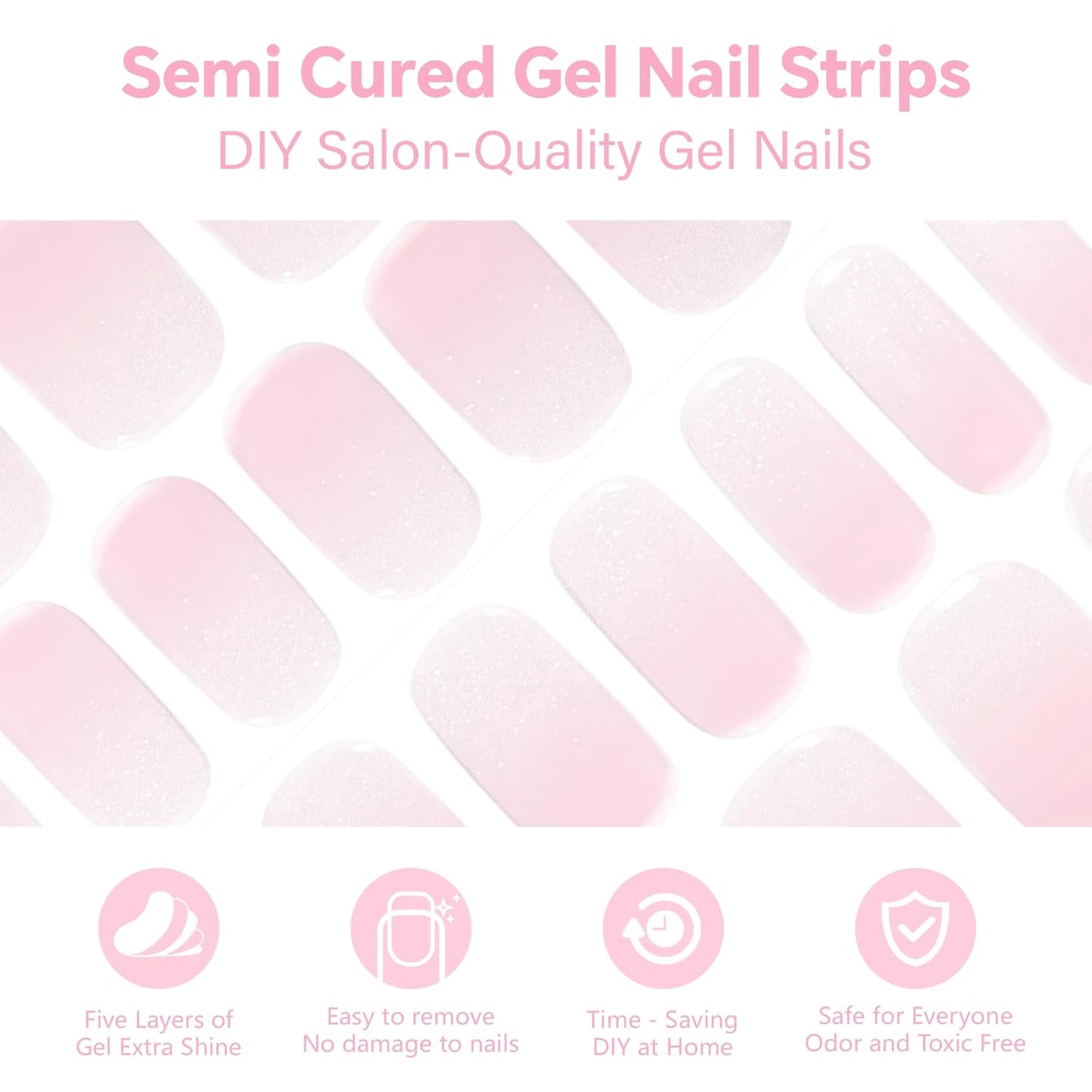Semi Cured Gel Nail Strips-Valentine's Day Press on Nails Pink Glitter Coffin Fake Nails,Semi Cured Gel Nail Stickers, Romantic Manicure Kit,Works with Any UV/LED Lamps(Sugar Pink)
