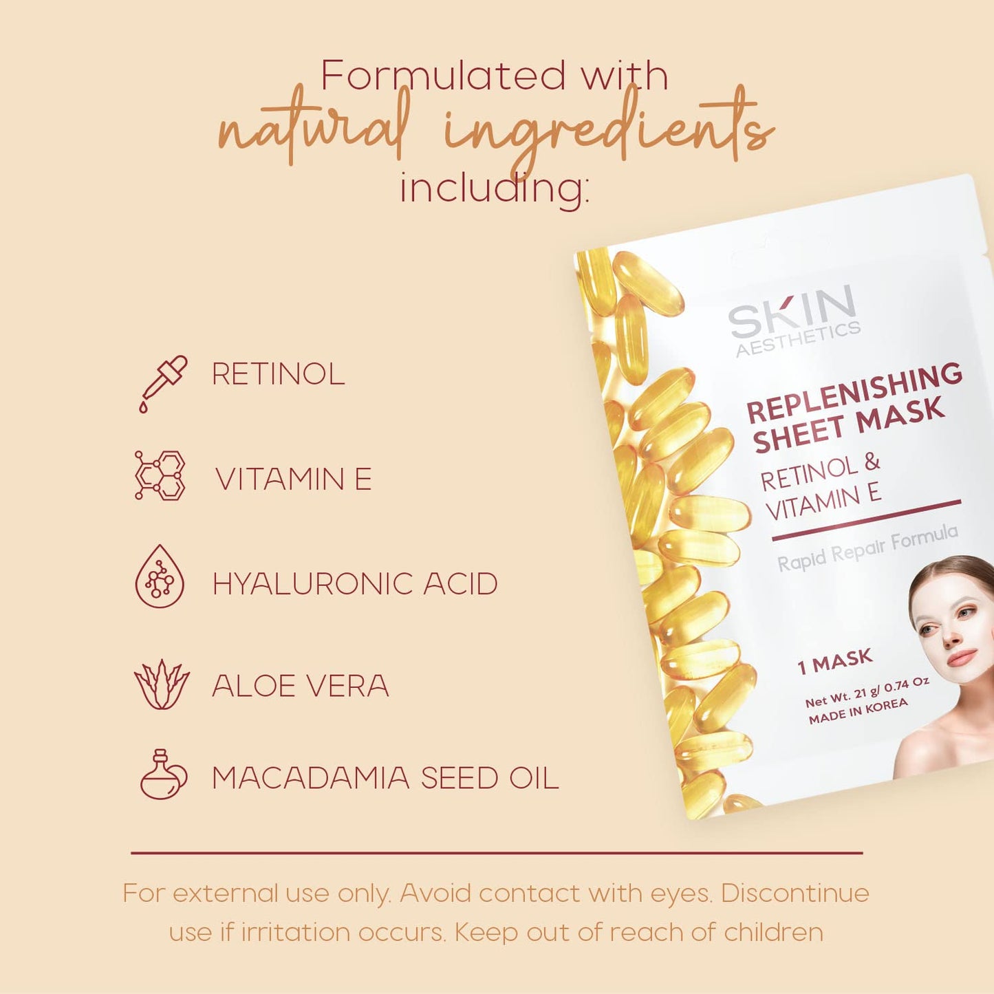 Retinol & Vitamin E Sheet Face Mask - Repairs Skin, Diminishes Fine Lines & Wrinkles, Anti-Aging - Dermatologist Tested Korean Skincare - Clean Beauty, Cruelty-Free - 5 Masks