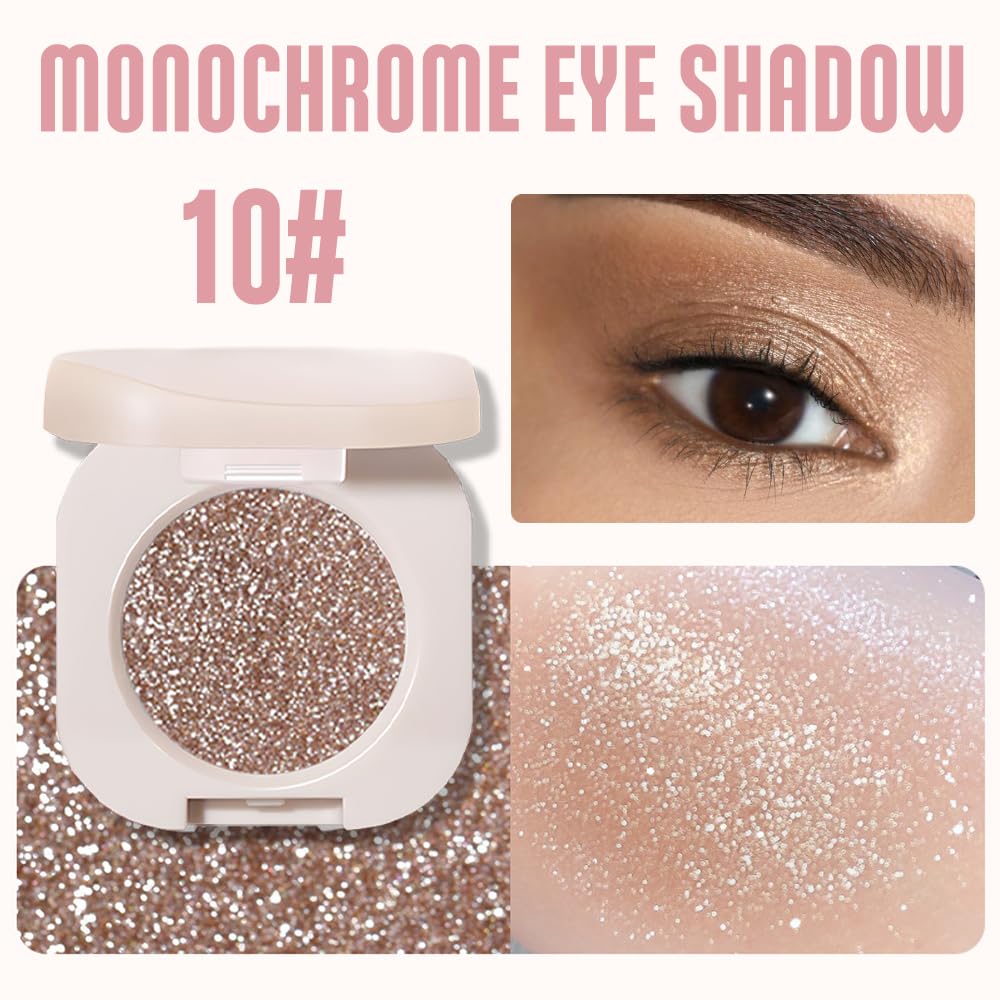 Glitter Shimmer Sparkle Eyeshadow Palette Makeup for Women, Glitter Nude Shimmer Metallic Holographic Multichrome Cream Iridescent Single Monochrome Eye Shadow Makeup, 10