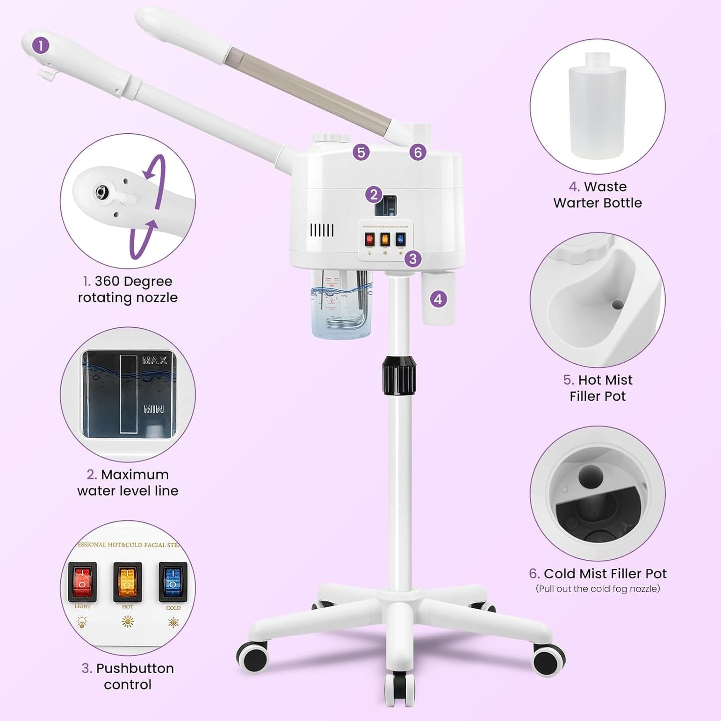 Professional Facial Steamer, 2 in 1 Facial Steamer for Cold Mist & Hot Mist & Timer Function, Stand Face Steamer Adjustable Height for Spa, Salon and at Home use