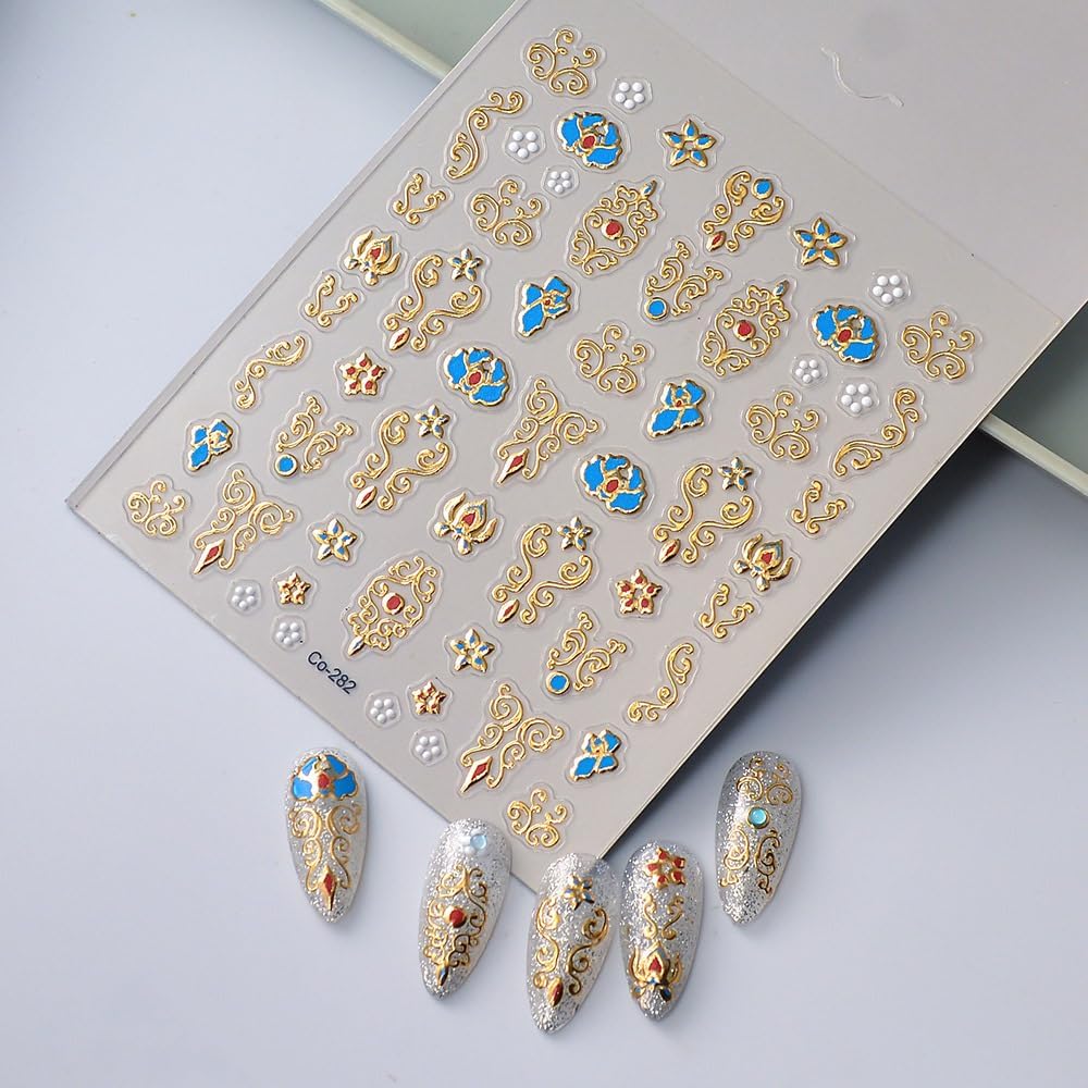 Gold Fall Nail Art Stickers 5D Embossed Geometric Bohemian Nail Stickers, Self-Adhesive Durable Nail Art Decals for Women Girls, Nail Wraps Decoration Manicure for DIY Acrylic Nail Accessories