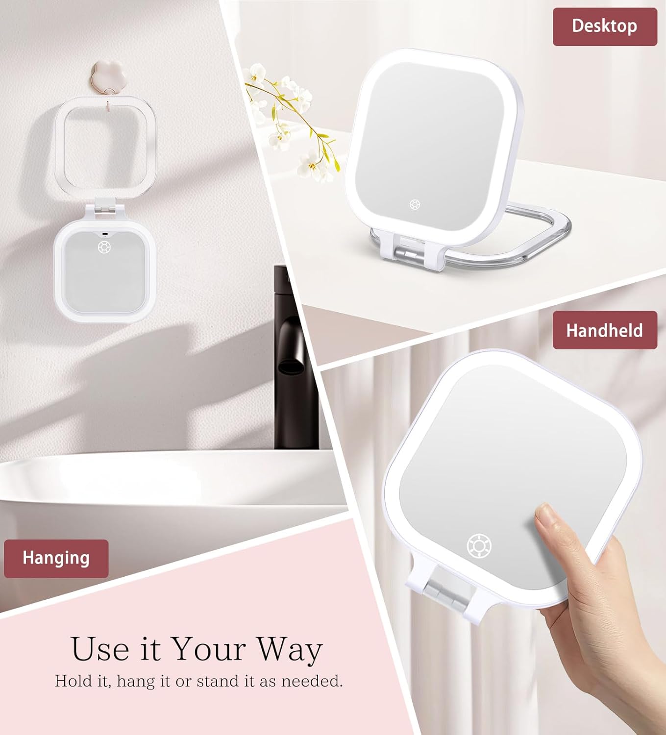 Shinowa Rechargeable Travel Makeup Mirror with 72 LED Lights, 1X/10X Magnifying Vanity Mirror with 3 Color Light, Folding Stand, 7 Inch Portable Dimmable Double Sided Compact Lighted Mirror, White