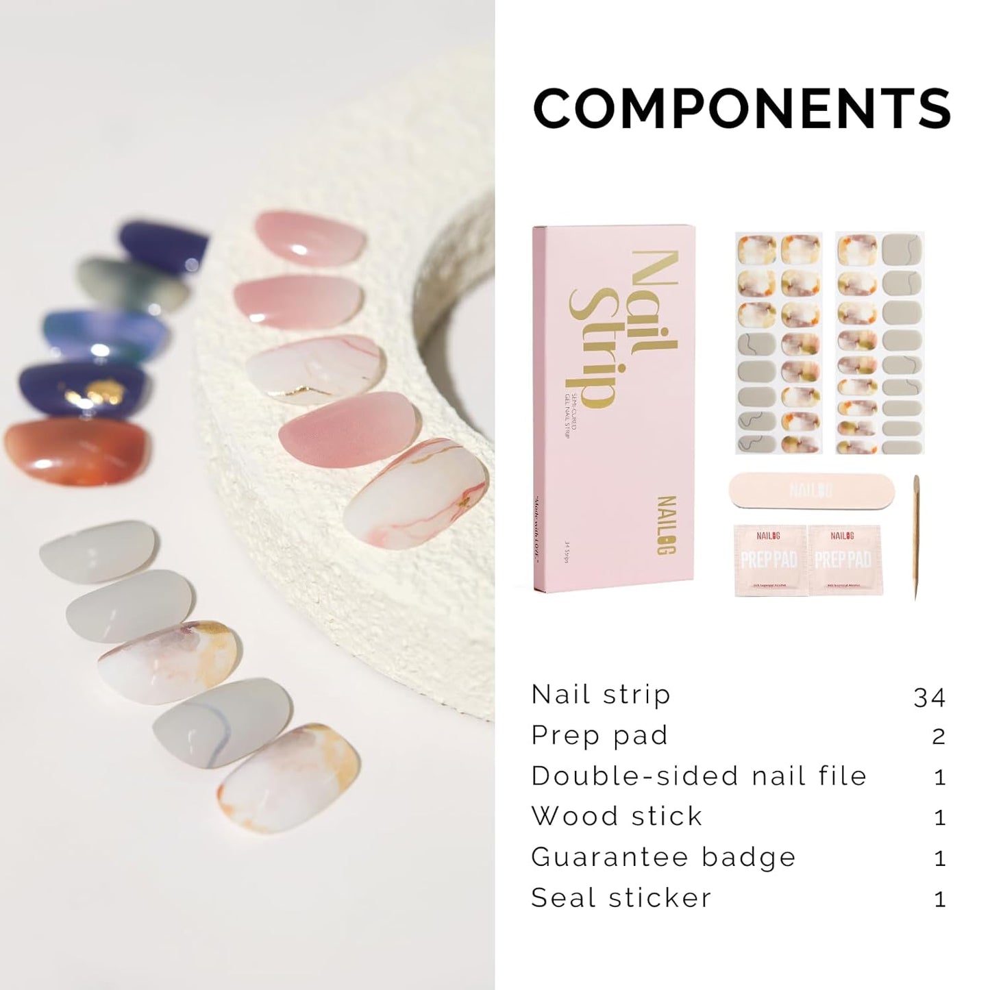 Semi Cured Gel Nail Strips - NAILOG 34 Pcs Art Painting Nail Stickers Extra Long Wraps with Glossy Gel Finishing for Autumn Winter, Like A Painting