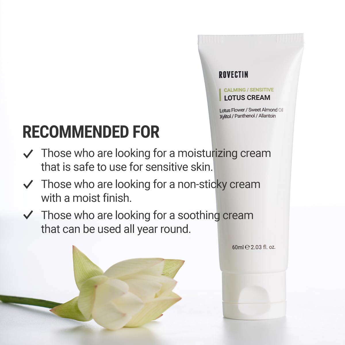 ROVECTIN Calming Lotus Water Cream - Lightweight Moisturizer Face Cream for Oily, Combination Skin | 75% Lotus Water Extract For Skin Purifying, Anti-Aging | Vegan Korean Skincare (2.03 fl oz, 60ml)