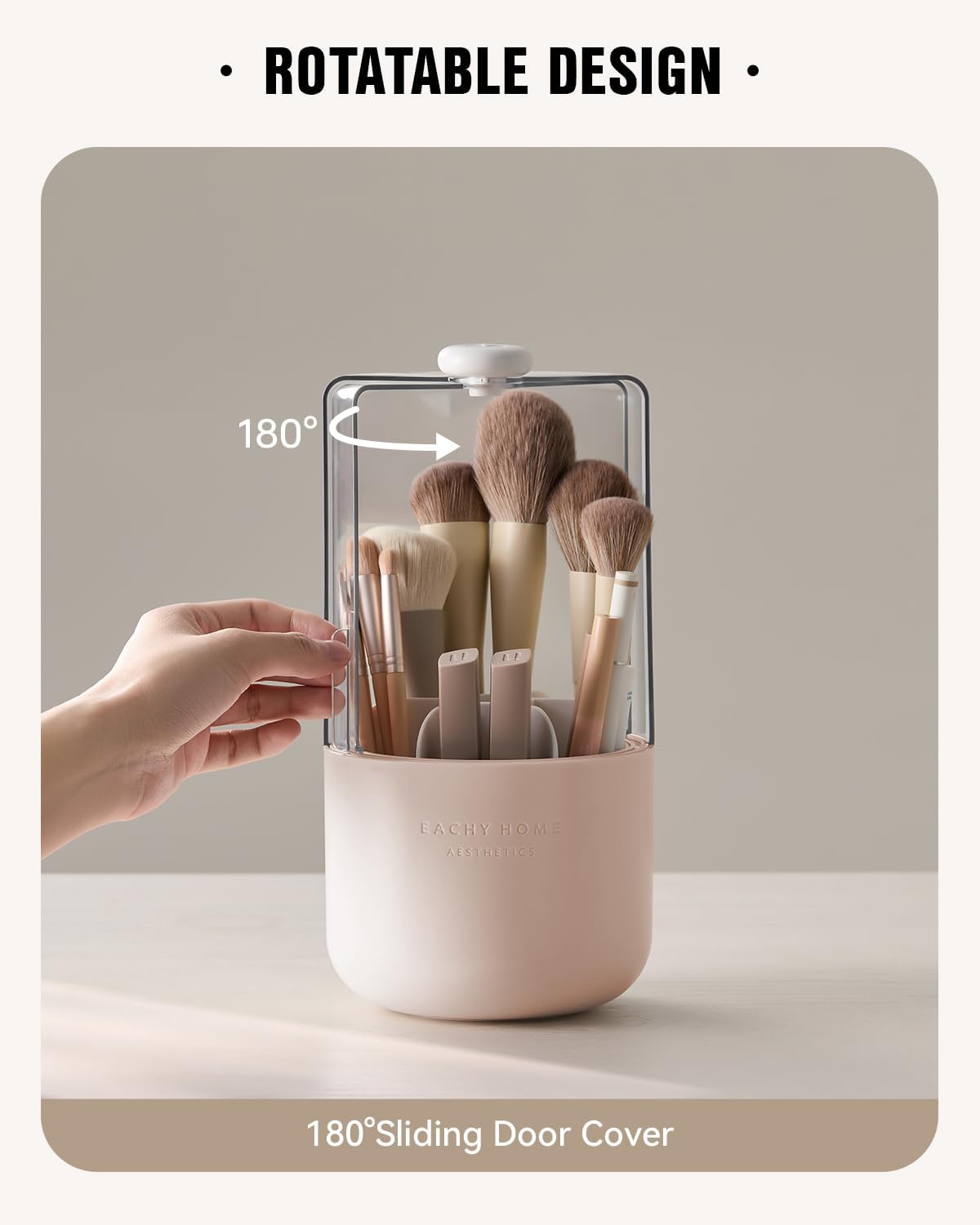 EACHY Makeup Brush Holder 360° Rotating with Dustproof Lid, Waterproof Material, 7 Compartments for Organized Storage, Stylish and Durable Design for Vanity (Pink)