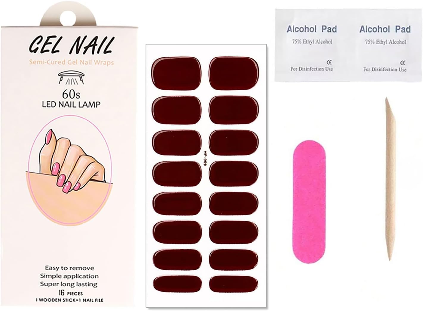 Reddish Brown Semi Cured Gel Nail Strips Stickers Solid Color Gel Polish Strips Design Waterproof Self Adhesive Nail Stickers for Women DIY Manicure Party Nails Decoration 1 Sheets