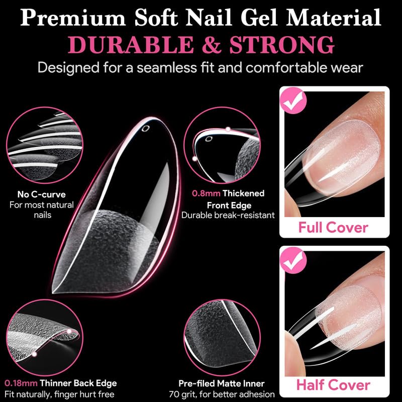 Medium Round False Nail Tips, 15 Sizes 510 PCS Clear Soft Press On Fake Nail Pre-shaped Half Matte Full Cover Gel Nail Tips Extensions Strong Thick Long Lasting for DIY Beginners & Salon Manicure