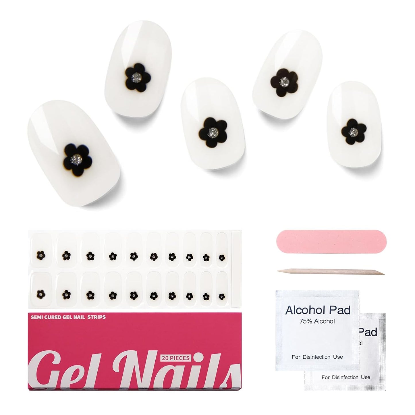 Semi Cured Gel Nail Strips, 20 PCS Gel Nail Stickers Work with UV Light, Gel Nail Wraps, Salon Quality & Easy to Use - Midnight Floral
