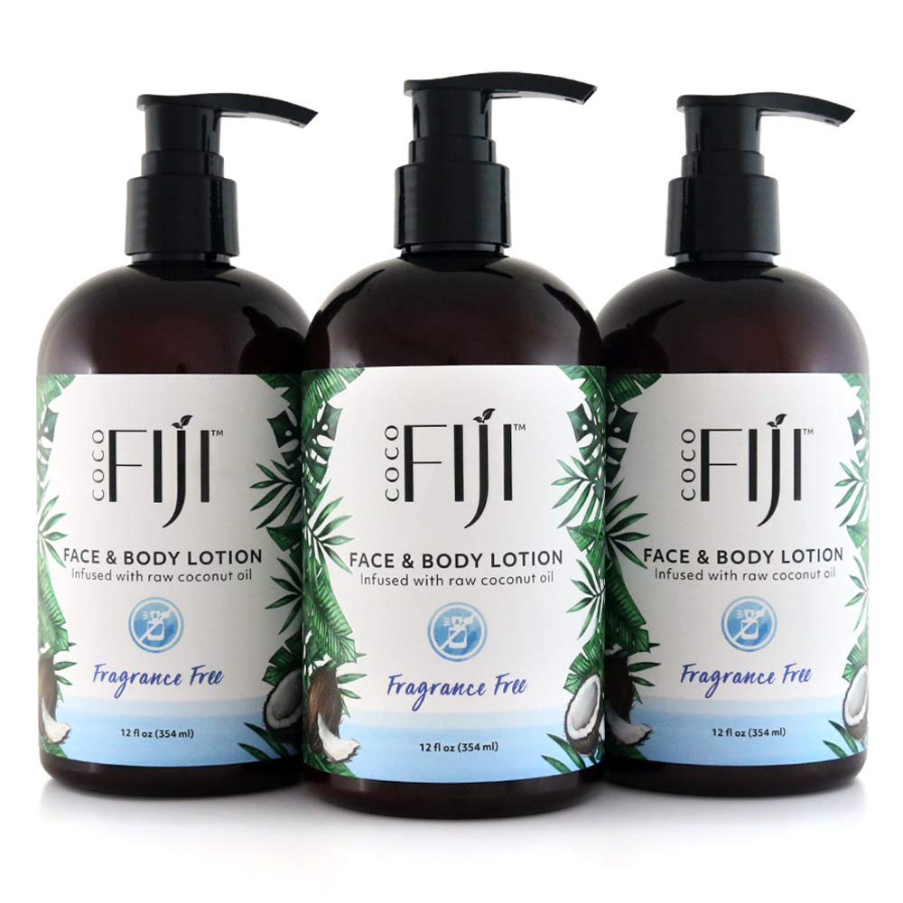 Coco Fiji Face & Body Lotion Infused With Coconut Oil | Lotion for Dry Skin | Moisturizer Face Cream & Massage Lotion for Women & Men | Fragrance Free 12 oz, Pack of 3