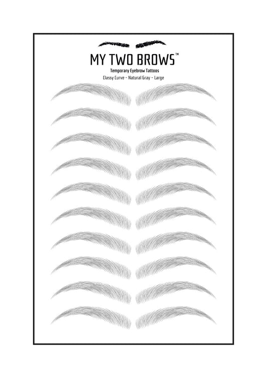 (10 pairs) Natural Grey Temporary Eyebrow Tattoo - Large Size - Waterproof & Smudgeproof - Classy Curve Style Eyebrow Stickers - Sheet Lasts up to 30 Days - Won't Work on Existing Brows