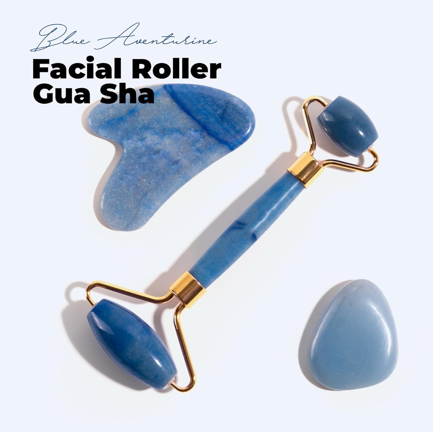 Gua Sha Facial Tools & Face Roller by ROSELYNBOUTIQUE Original Face Massager for Puffiness Wrinkless Skin Care Routine - Self Care Gift for Men Women (Blue Aventurine)