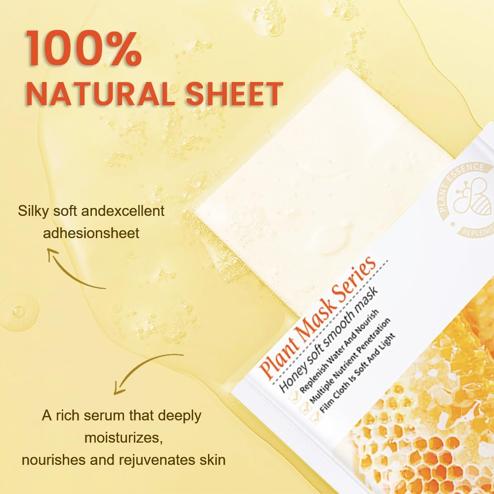 8 Pack Honey Face Sheet Mask Skincare,Hydrating Face Mask For Sensitive Skin,Moisturize,Soothing,Nourish for All Skin Types,Natural Spa Party Facial Mask Skincare Set for Women Men Girls