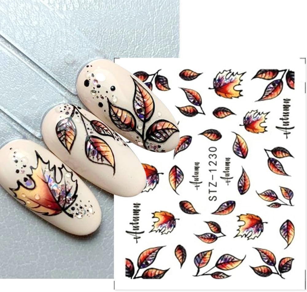 Halloween Nail Art Stickers Water Transfer Nail Decals 12Pcs Halloween Pumpkin Skeleton Spider Ghost Maple Leaf Designer Slider Nail Foils Fall Watermark Decals for Nail Manicure Accessories for Women