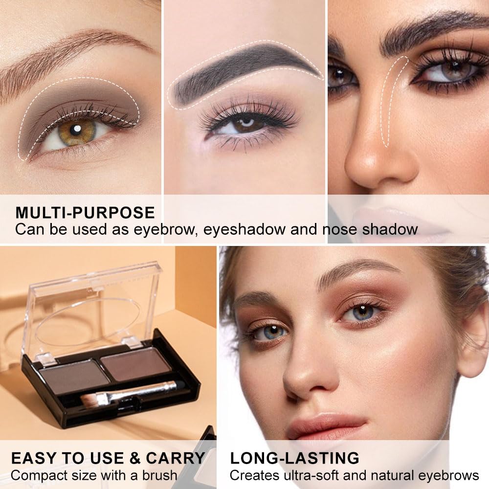 Black Brown Eye Brow Powder Kit for Women, Medium Coffee Dark Gray Eyebrow Powder Palette with Brush, Brow Color Filler Get Full Defined Natural Brows, Highlight Contour sombra para cejas, Vegan