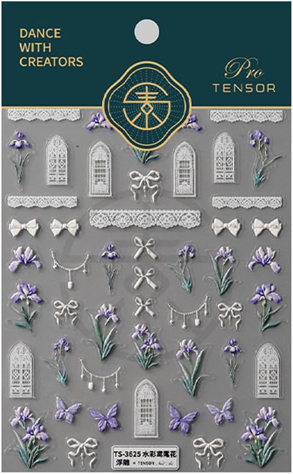 Flower Nail Sticker, 5D Embossed Iris Floral Nail Art Stickers Self-Adhesive Bows Butterfly Nail Decals for Women Nail Supplies Art Design Sticker(1, Iris Flower)