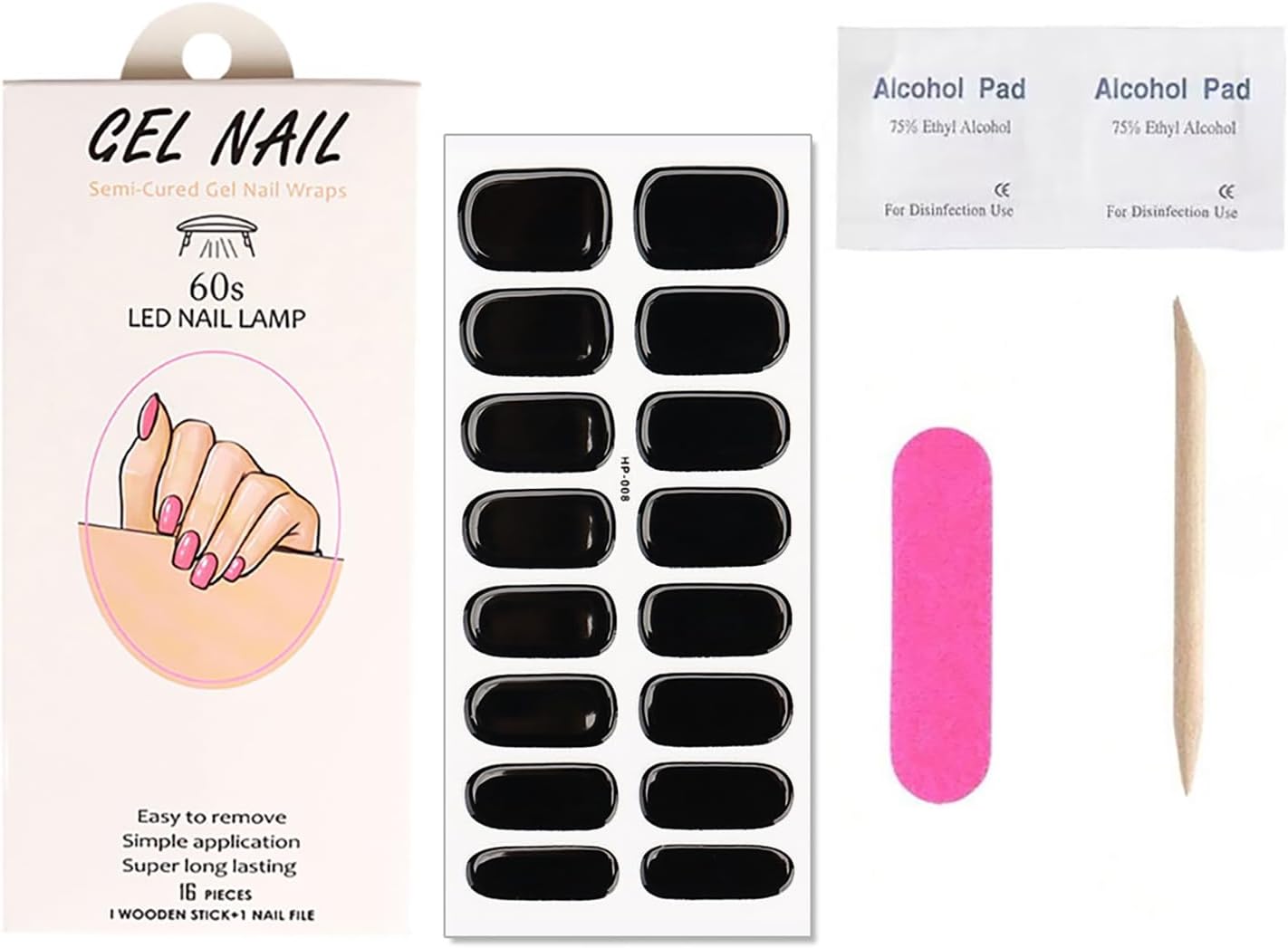 Semi Cured Gel Nail Strips Stickers Solid Color Self-Adhesive Nail Polish Strips Decals Black Gel Nail Stickers for Women DIY Manicure Tips Salon Quality Waterproof Party Nails Decoration 1 Sheets