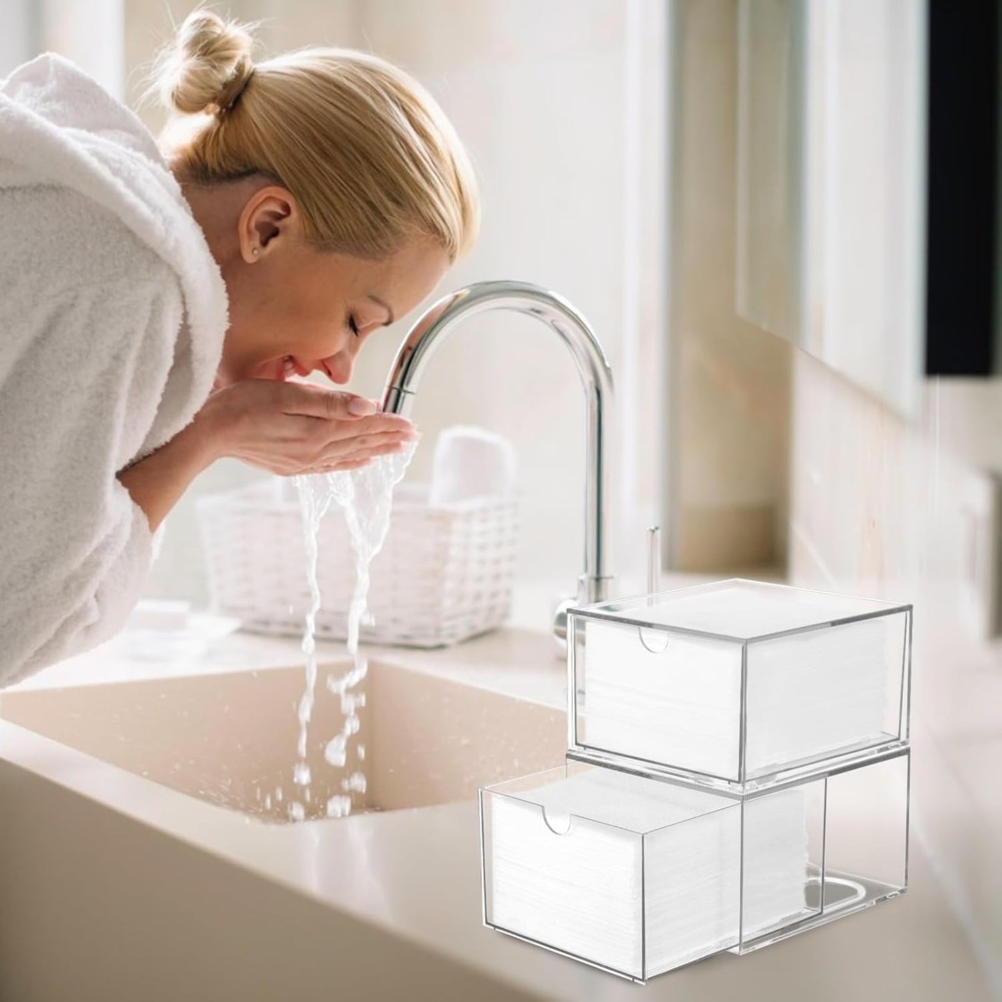 Rainmae 2 Pack Disposable Face Towel Holder, Face Towel Storage Box, Stackable Clear Makeup Organizer with Drawer for Clean Skin Club Face XL Towels Holder for Vanity Bathroom and Makeup Organization