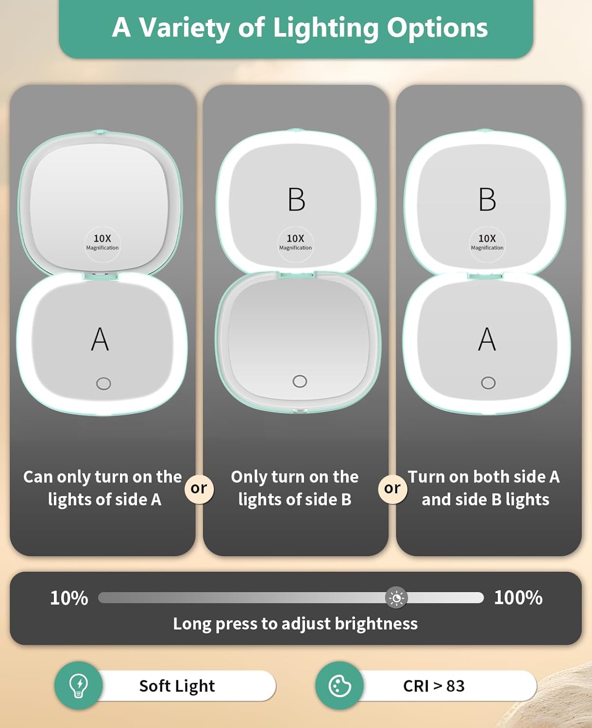 WOBSION Rechargeable Lighted Travel Makeup Mirror,1x/10x Compact Magnifying Mirror with Lights,Portable for Bag,4inch,Gift,Cyan