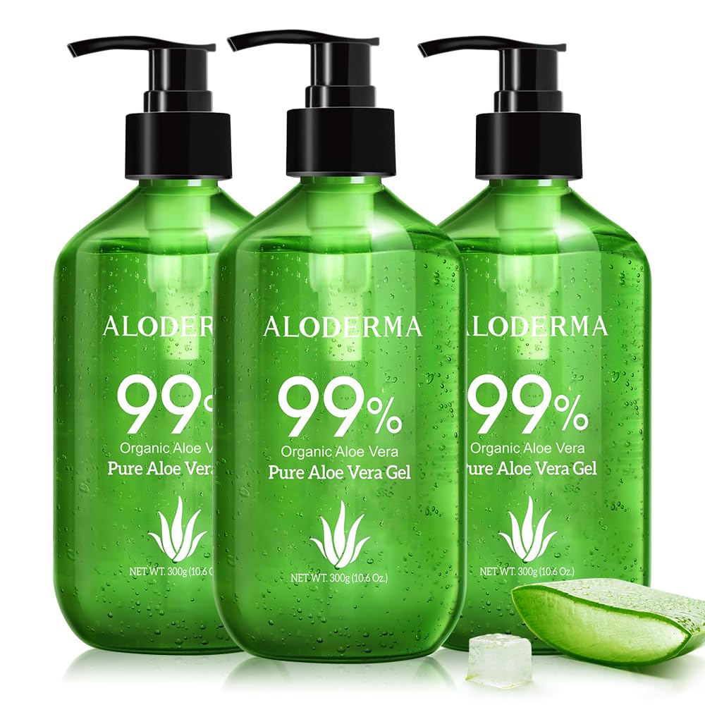 Aloderma 99% Organic Aloe Vera Gel Made within 12 Hours of Harvest - Pump Bottle - Lightweight Aloe Gel for Face and Body, Soothing and Hydrating Sunburn Relief, Great for Scalp & Hair, 3btls x 10.6oz