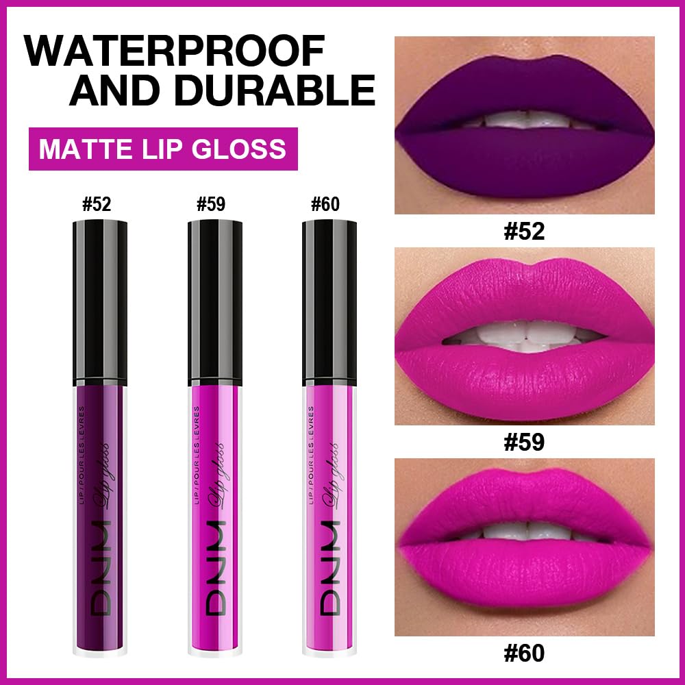 evpct 3Pcs Purple Hot Pink Fuchsia Red Matte Liquid Lipstick Lip Stain Sets for Women, Matte Lipstick Long Lasting Waterproof Permanent 24 Hours original, Lip Sticks Pack for Halloween Daily Makeup