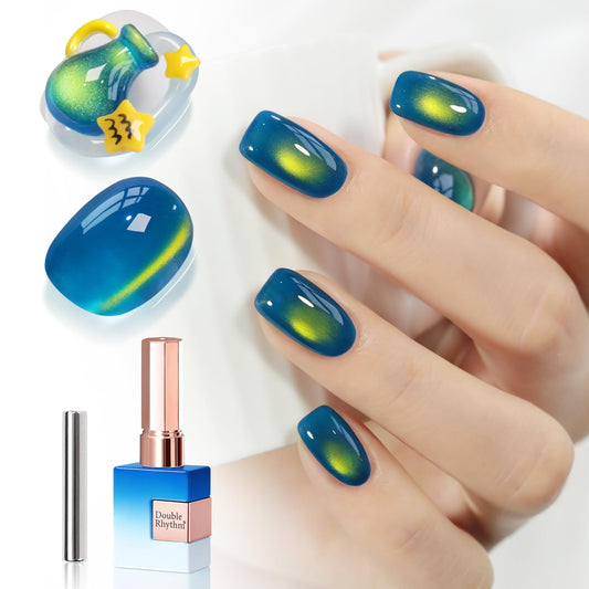 Double Rhythm Jelly Glass Cat Eye Gel Polish with Magnet 15ML Holographic Glitter Shimmer Translucent Sheer Color Magnetic Nail Polish Salon DIY at Home (Golden Blue-MC1255)