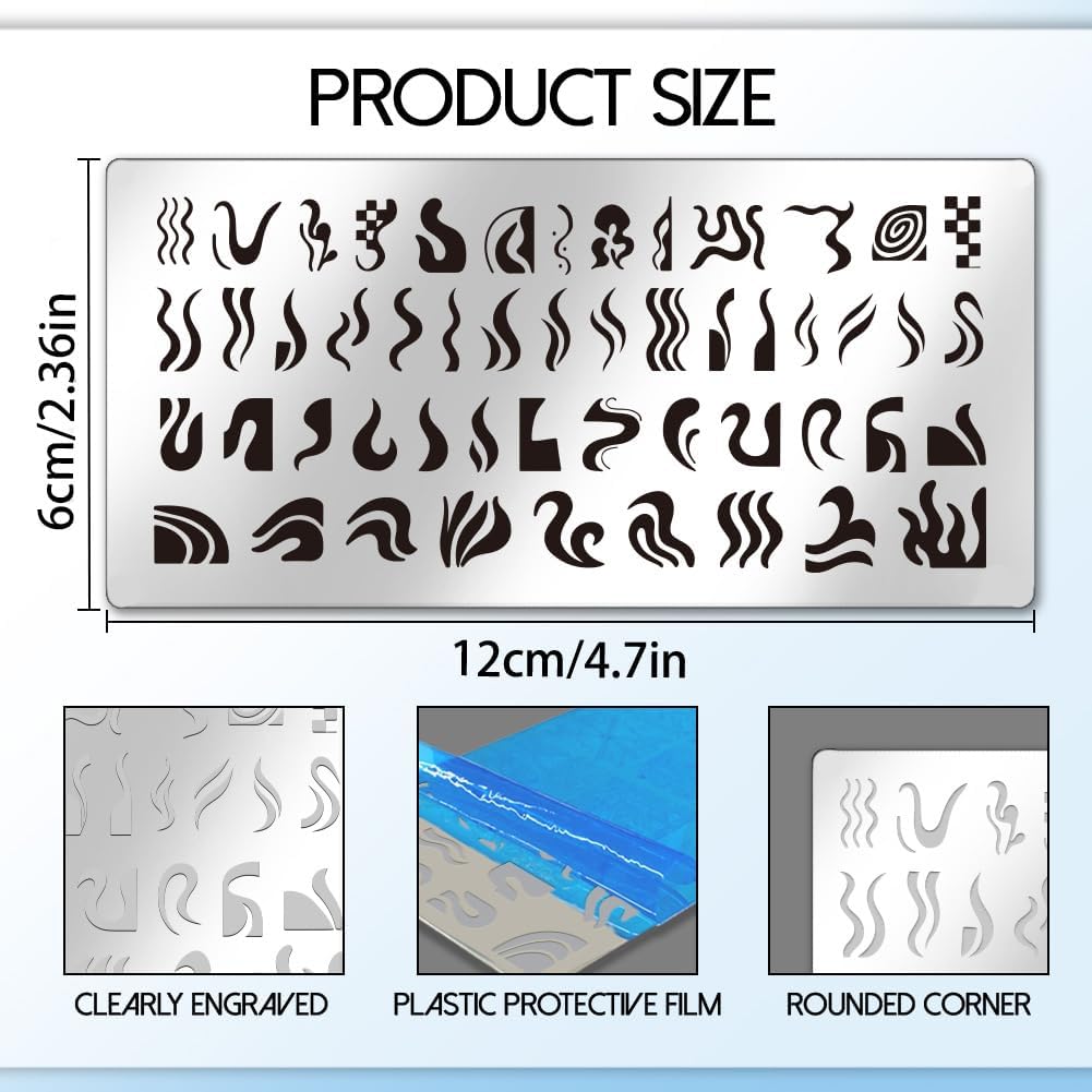 UNICRAFTALE 6Pcs French Line Nail Plates Stamping Set Wave Stripe Stamp Nail Templates Reusable Stencils Stainless Steel DIY Nail Art Plates Nail Stamp Templates Kit DIY Printing Tools