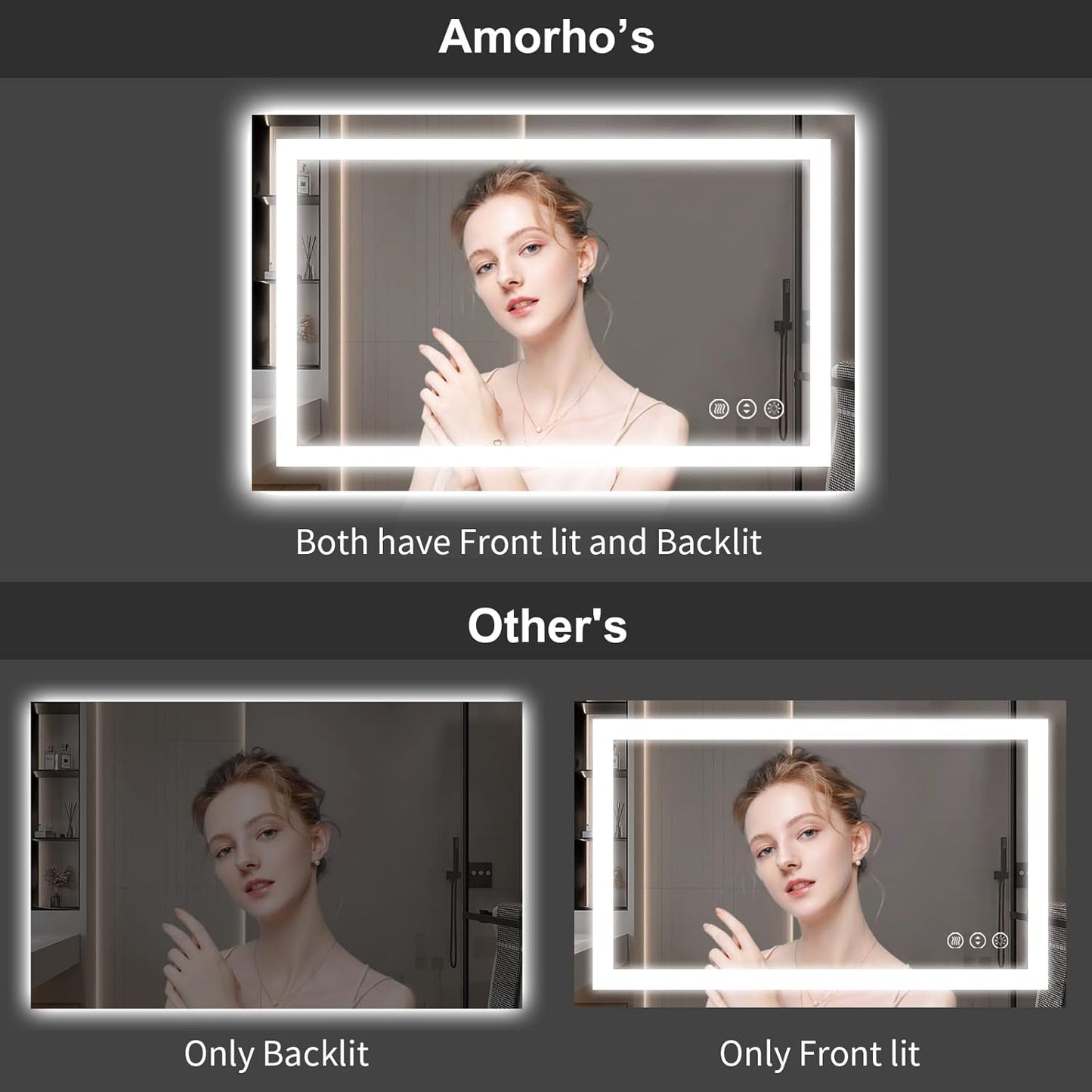 Amorho 50" X36" LED Bathroom Mirror, Front and Backlight, Stepless Dimmable Wall Mirrors with Anti-Fog, Shatter-Proof, Memory, 3 Colors, Double LED Vanity Mirror(Horizontal/Vertical)