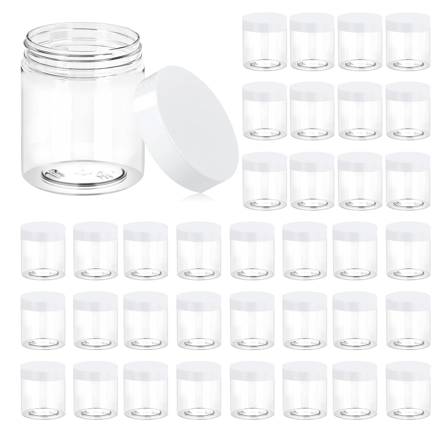 Eternal Moment 36 Pack 8 OZ Plastic Jars Round Clear Cosmetic Container Jars with White Lids, Perfect for Lotion, Slime，Cream, Ointments, Makeup, Eye Shadow, Samples, Pot, Travel Storage ﻿