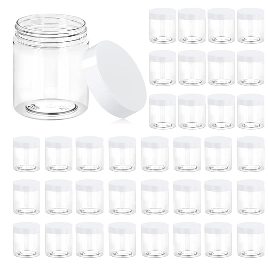 Eternal Moment 36 Pack 8 OZ Plastic Jars Round Clear Cosmetic Container Jars with White Lids, Perfect for Lotion, Slime，Cream, Ointments, Makeup, Eye Shadow, Samples, Pot, Travel Storage ﻿