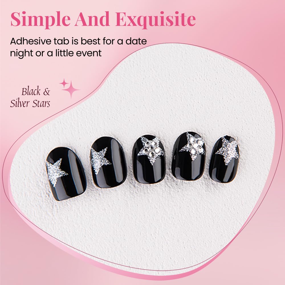 Press on Nails Short Oval, Black Fake Nails Kit with 3D Sparkling Pentagram & Mixed Cat Eye Design, Natural Stick on Nails, Glossy Acrylic Short Press on Nails Thick Reusable Glue on Nail for Women
