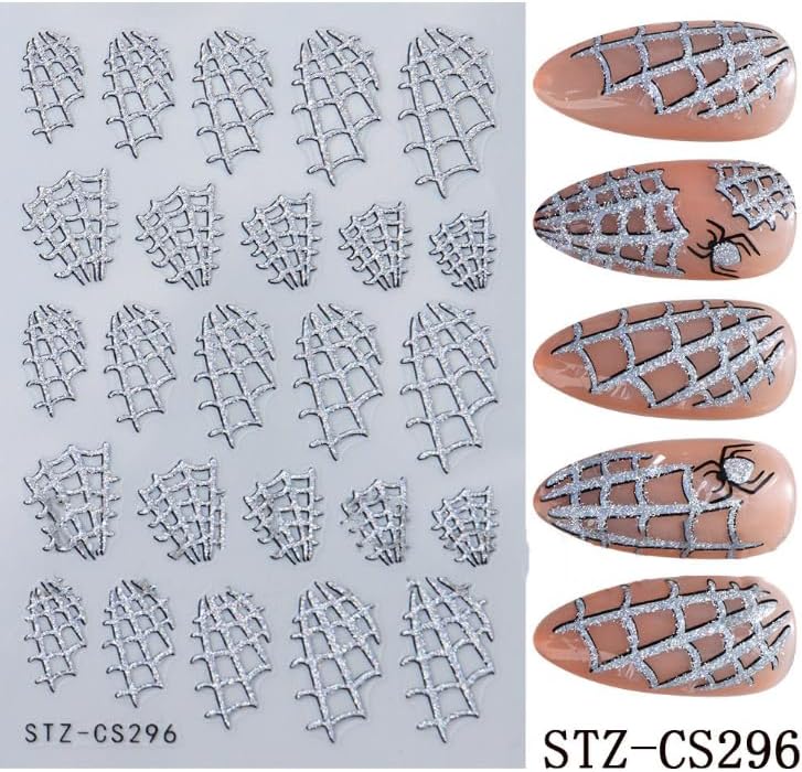 Halloween Nails Stickers Silver Glitter Web Nails Sticker 3D Embossed Glitter Web Self Adhesive Sticker Nail Decals Silver Webs Nail Art Decal Halloween Decals for Nail DIY Manicure 4Sheet