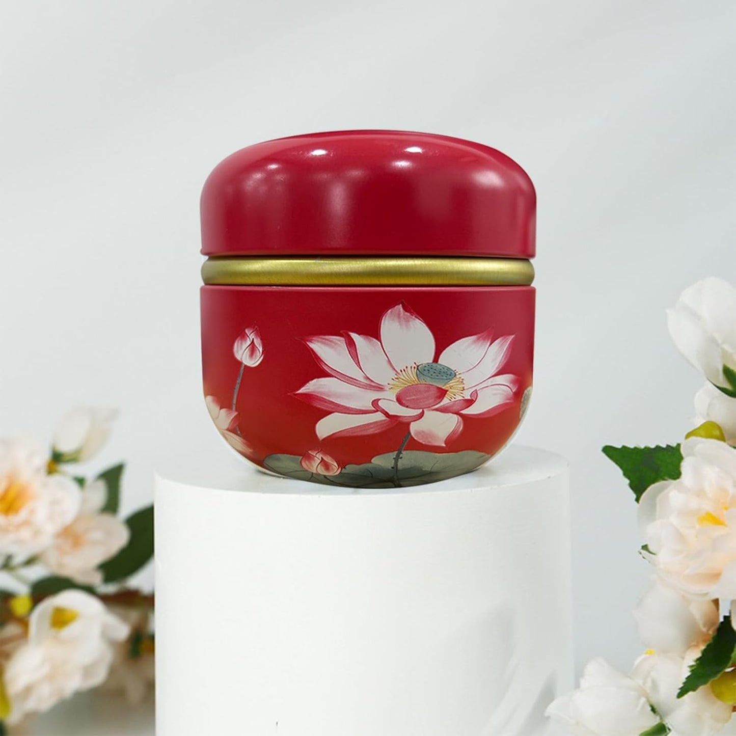 Body Powder Puff and Container for Dusting Powder, Women Powder Puff and Powder Case for Bath and Travel (Lotus Red)